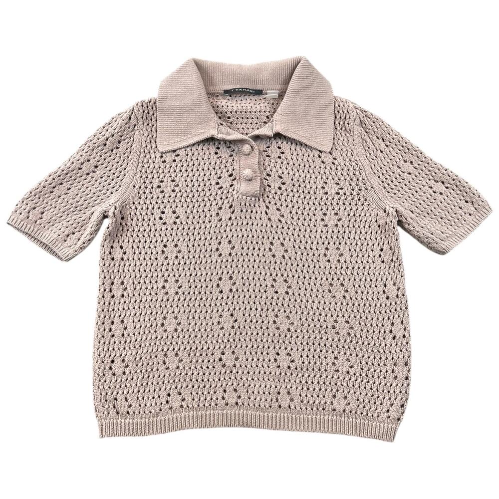 T Tahari Open Knit Crochet Polo Sweater Cropped Top Taupe Short Sleeve S